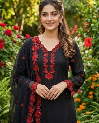 black embroidered kurta set with red detailing 2