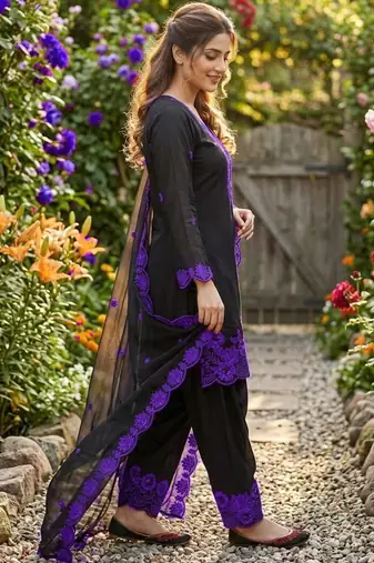 black embroidered kurta set with purple detailing