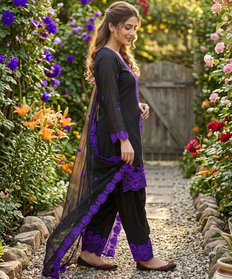 black embroidered kurta set with purple detailing