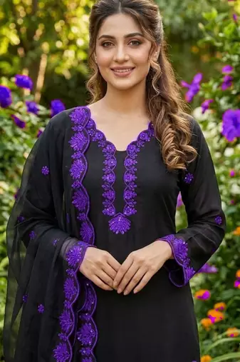 black embroidered kurta set with purple detailing