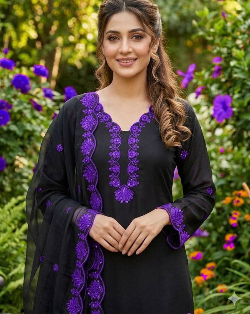 black embroidered kurta set with purple detailing