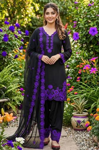 black embroidered kurta set with purple detailing