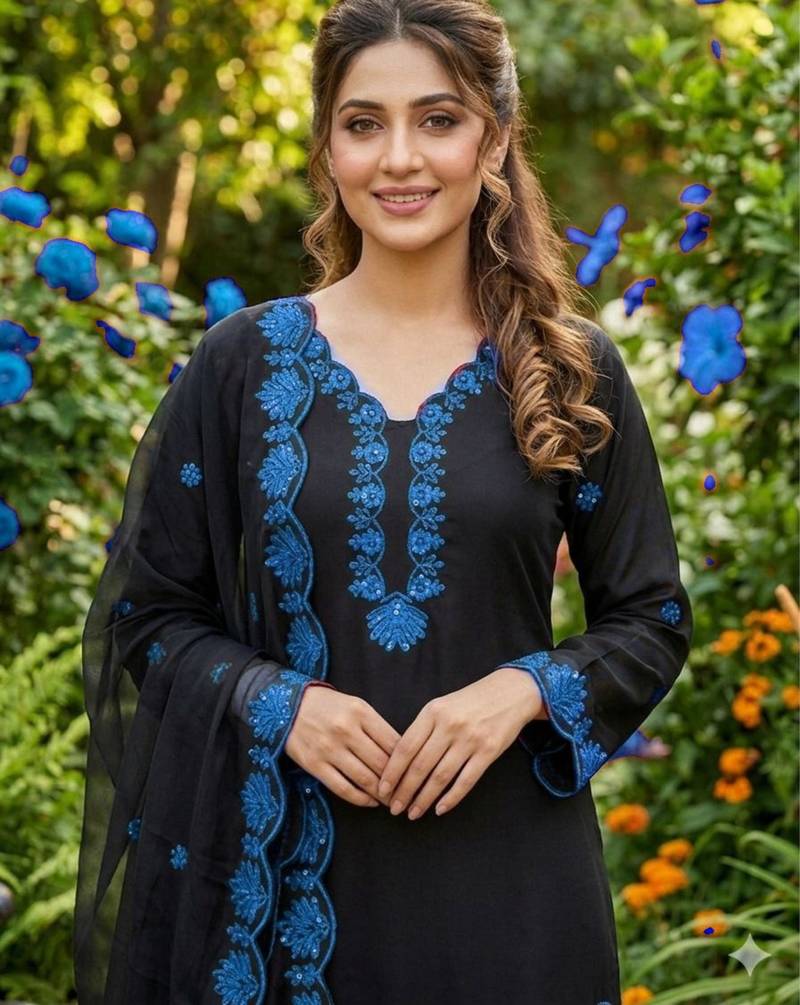 black embroidered kurta set with blue detailing