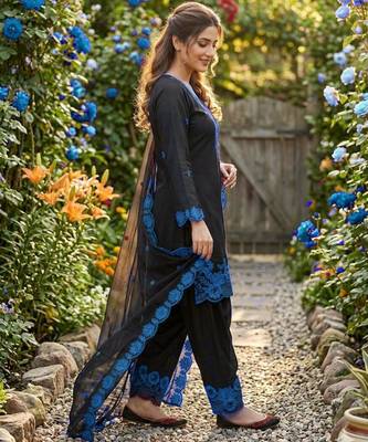 black embroidered kurta set with blue detailing 3