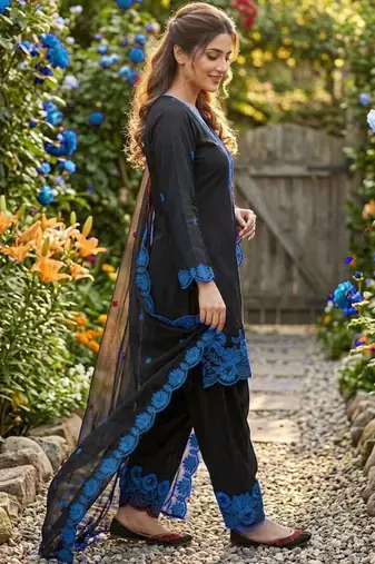 black embroidered kurta set with blue detailing