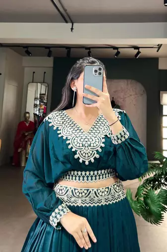 teal Green Embroidered Lehenga
