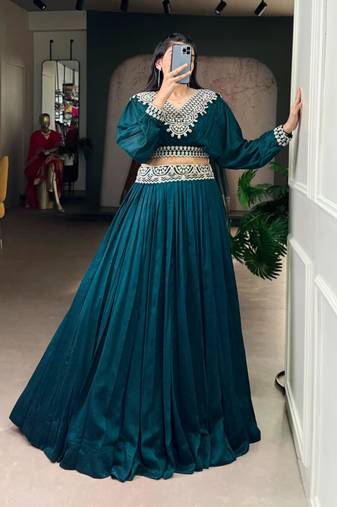 teal Green Embroidered Lehenga