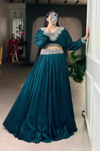 teal Green Embroidered Lehenga