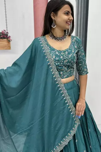 Teal-green Embroidered Lehenga Set