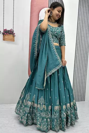 Teal-green Embroidered Lehenga Set