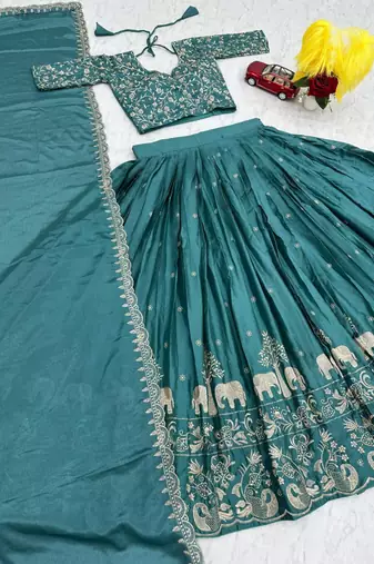 Teal-green Embroidered Lehenga Set