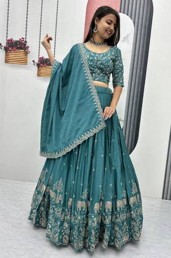 Teal-green Embroidered Lehenga Set