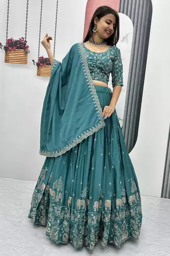 Teal-green Embroidered Lehenga Set