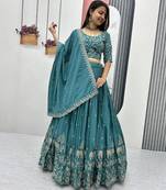 Teal-green Embroidered Lehenga Set