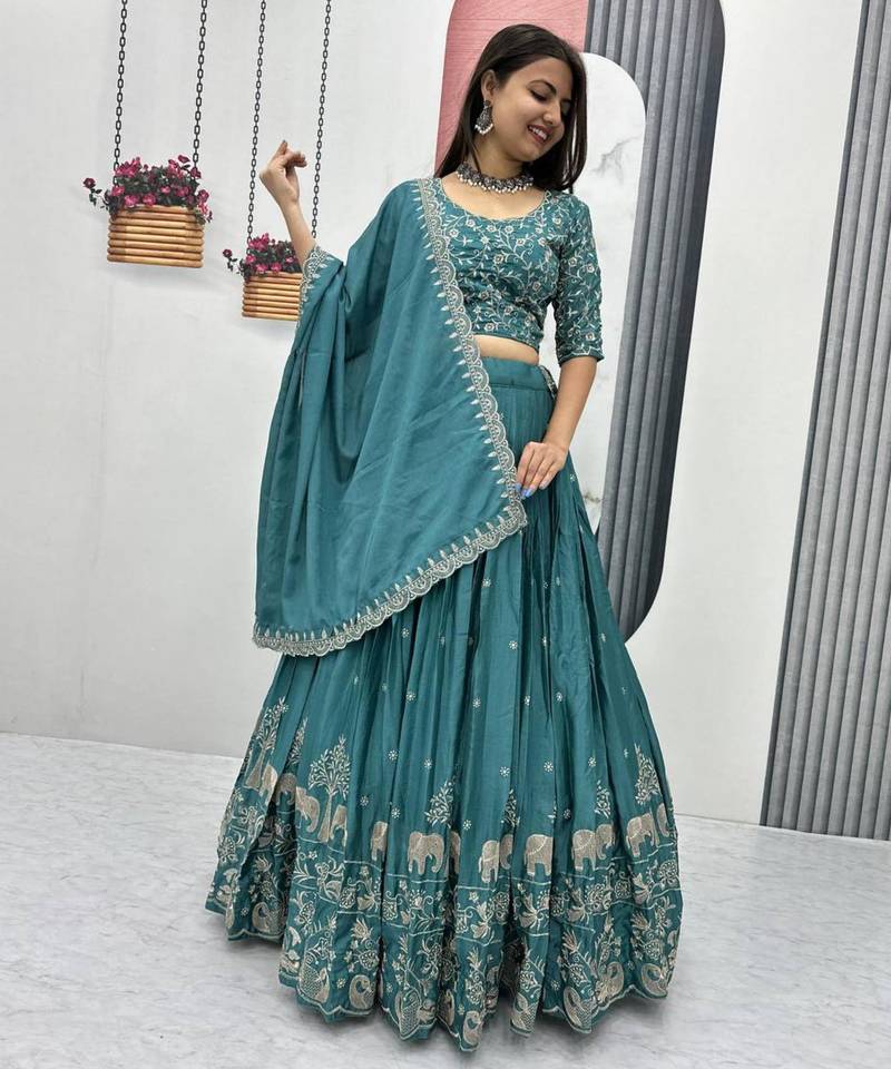 Teal-green Embroidered Lehenga Set