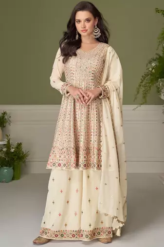 Cream embroidery real georgette salwar suit