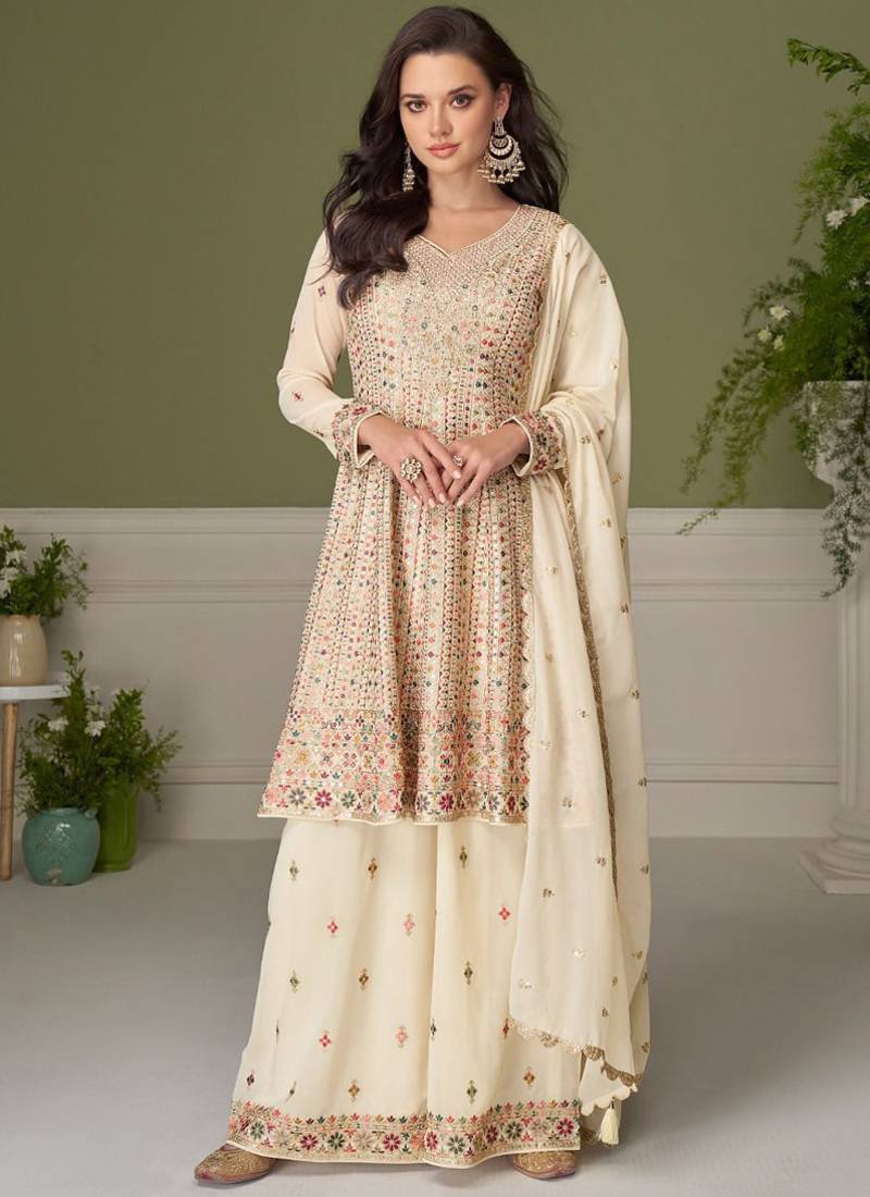 Cream embroidery real georgette salwar suit