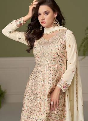 Cream embroidery real georgette salwar suit 2