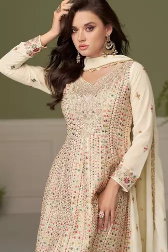 Cream embroidery real georgette salwar suit