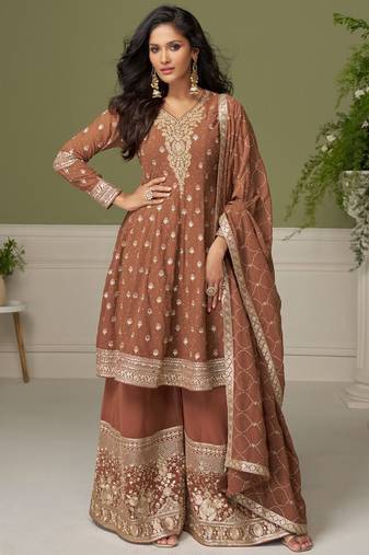 Brown embroidery real georgette salwar suit