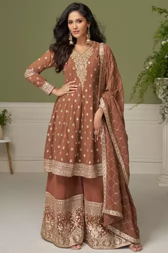 Brown embroidery real georgette salwar suit