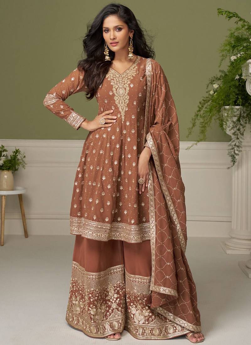 Brown embroidery real georgette salwar suit