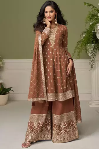 Brown embroidery real georgette salwar suit
