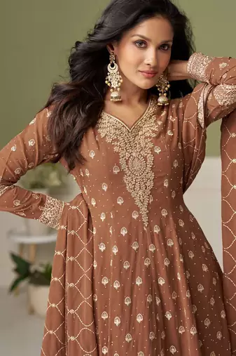 Brown embroidery real georgette salwar suit