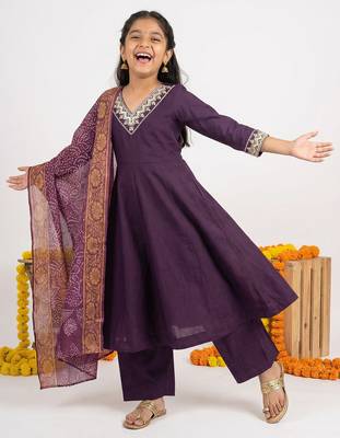 Girl's vichitra silk anarkali kurta palazzo with bandhani dupatta set 1
