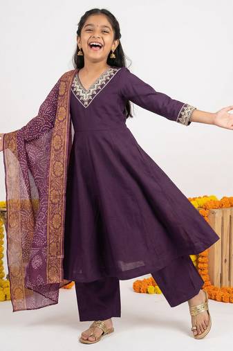 Girl's vichitra silk anarkali kurta palazzo with bandhani dupatta set