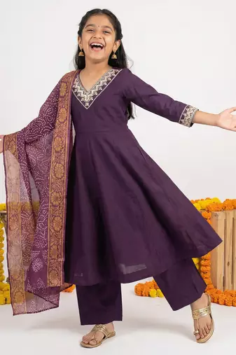 Girl's vichitra silk anarkali kurta palazzo with bandhani dupatta set