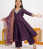 Girl's vichitra silk anarkali kurta palazzo with bandhani dupatta set
