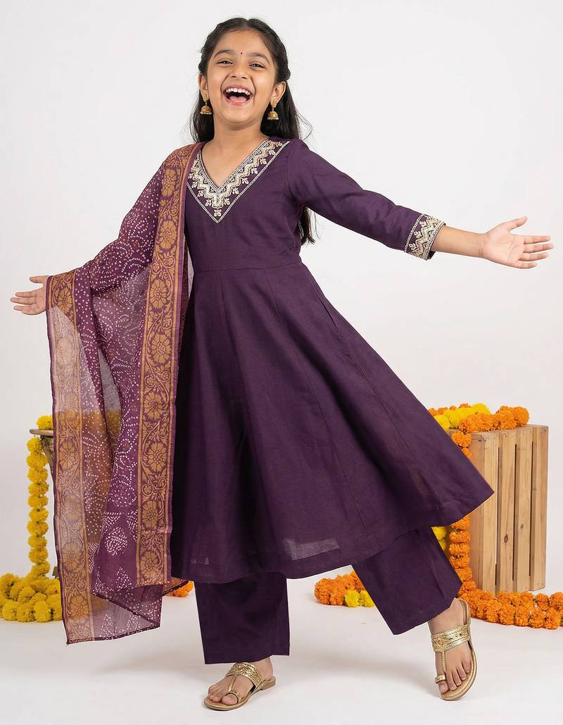 Girl's vichitra silk anarkali kurta palazzo with bandhani dupatta set