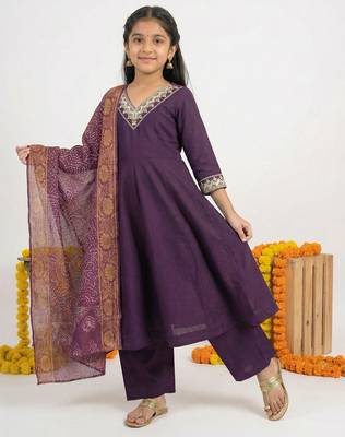 Girl's vichitra silk anarkali kurta palazzo with bandhani dupatta set 2