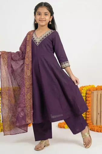 Girl's vichitra silk anarkali kurta palazzo with bandhani dupatta set