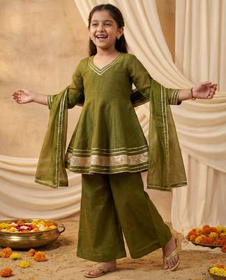 Girl's crunchy silk a-line kurta palazzo with dupatta set 1