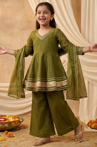 Girl's crunchy silk a-line kurta palazzo with dupatta set