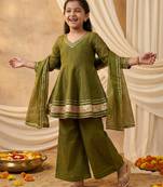 Girl's crunchy silk a-line kurta palazzo with dupatta set