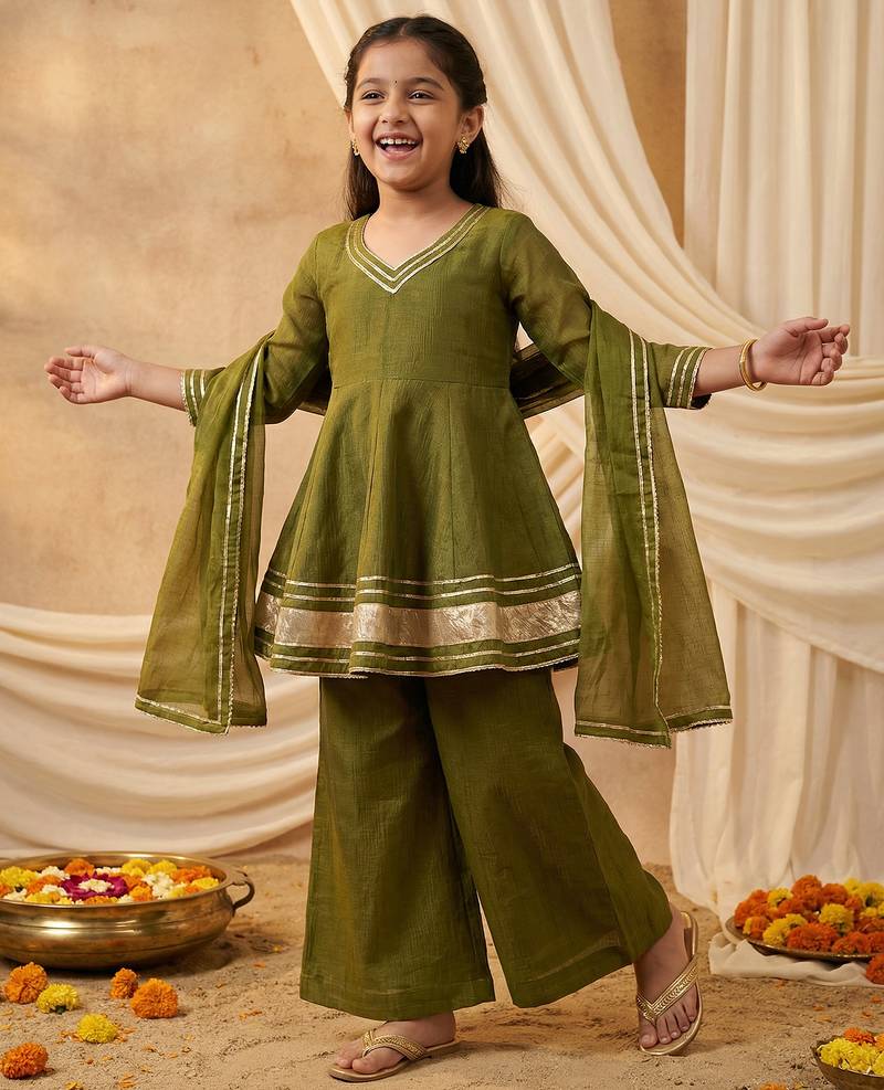 Girl's crunchy silk a-line kurta palazzo with dupatta set