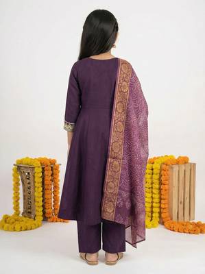 Girl's vichitra silk anarkali kurta palazzo with bandhani dupatta set 3