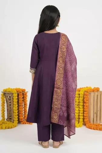 Girl's vichitra silk anarkali kurta palazzo with bandhani dupatta set