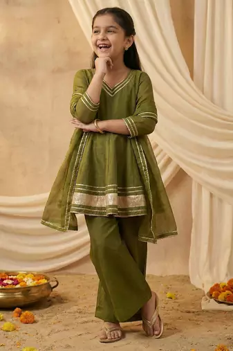 Girl's crunchy silk a-line kurta palazzo with dupatta set