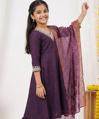 Girl's vichitra silk anarkali kurta palazzo with bandhani dupatta set 4
