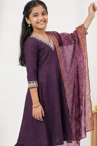 Girl's vichitra silk anarkali kurta palazzo with bandhani dupatta set
