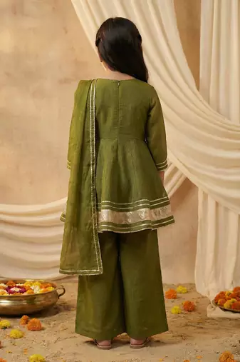 Girl's crunchy silk a-line kurta palazzo with dupatta set