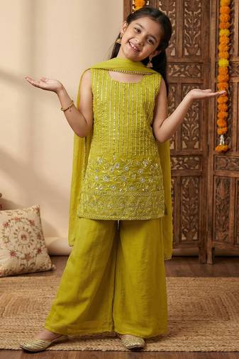 Girl's crunchy silk sequins embroidered kurta palazzo with dupatta set