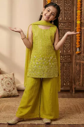 Girl's crunchy silk sequins embroidered kurta palazzo with dupatta set