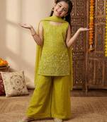 Girl's crunchy silk sequins embroidered kurta palazzo with dupatta set