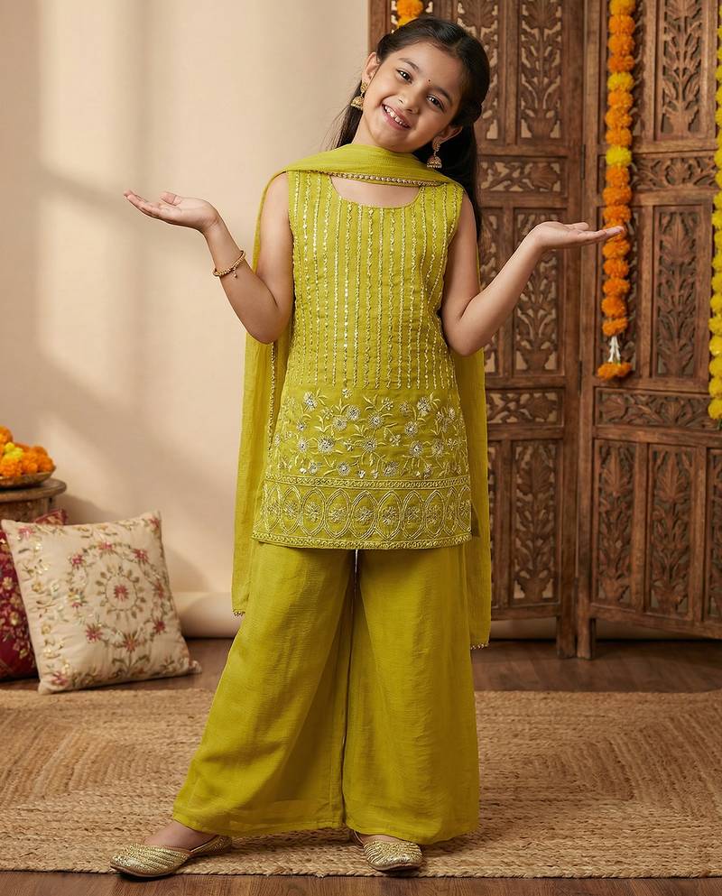Girl's crunchy silk sequins embroidered kurta palazzo with dupatta set