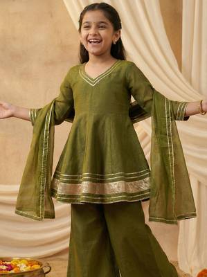 Girl's crunchy silk a-line kurta palazzo with dupatta set 4